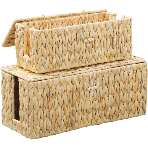 Coeusy Cable Management Box,Hand-Woven Water Hyacinth Decorative Cord Organizer,2 Side Open Slots Wicker Cable Box to Hide Cords and Power Strip,for Desk, Floor, Office,2 Pack