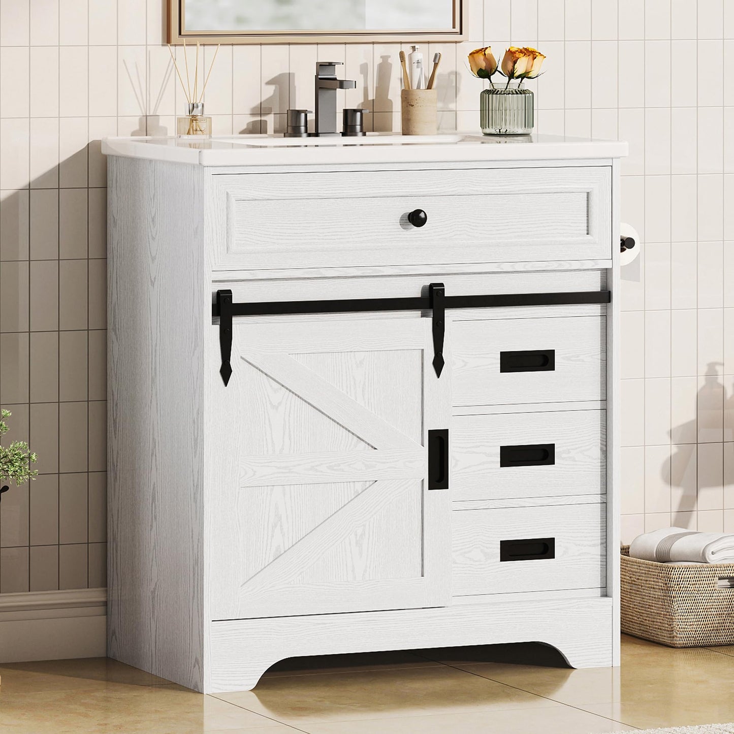 IRONCK 30" Bathroom Vanity with Sink, Farmhouse Bathroom Sink Cabinet with Flip Drawer & Sliding Barn Door, Freestanding Bathroom Vanities with Metal Handles, Paper Towel Holder,White