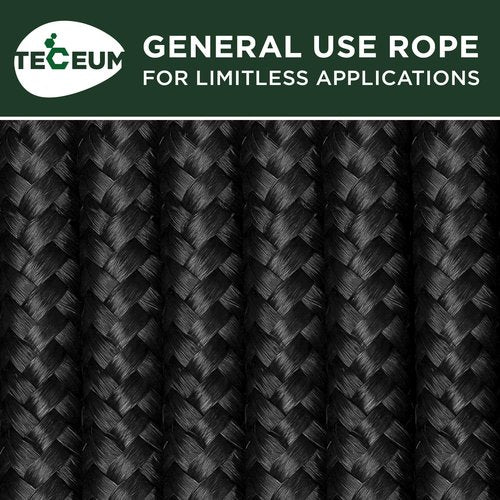 TECEUM 1000lb Rope – 1/4” & 3/8” – 90 FT | 150 FT – Strong All-Purpose Utility Rope – Camping, Crafting, Flag Pole, Indoor & Outdoor – Polypropylene Nylon Poly Lightweight Diamond Braided Cord – Black