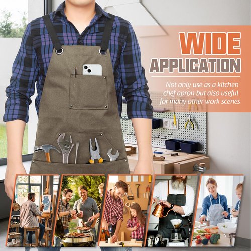 Dadidyc Adjustable Work Apron for Men,Heavy Duty Canvas Shop Apron Crossback with Tool Pockets (Brown)