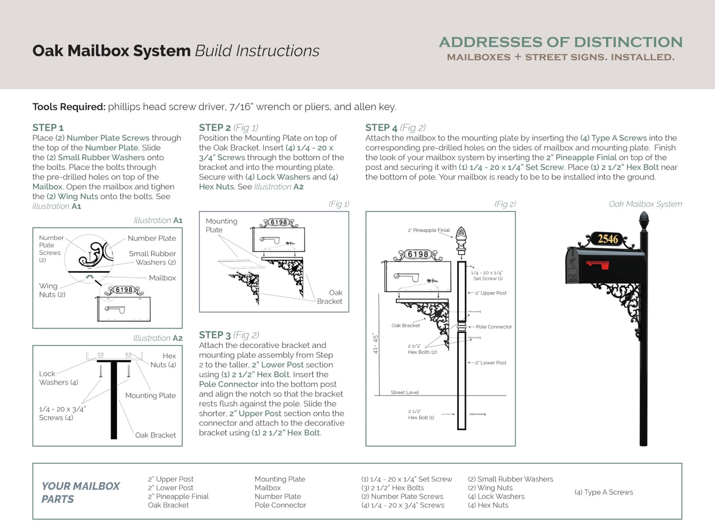 ADDRESSES OF DISTINCTION Oak Mailbox & Post Kit – Black Mailbox System – Includes Address Plaque, Bracket & Mounting Hardware – Rust Resistant Metal Mailbox with Decorative Finial