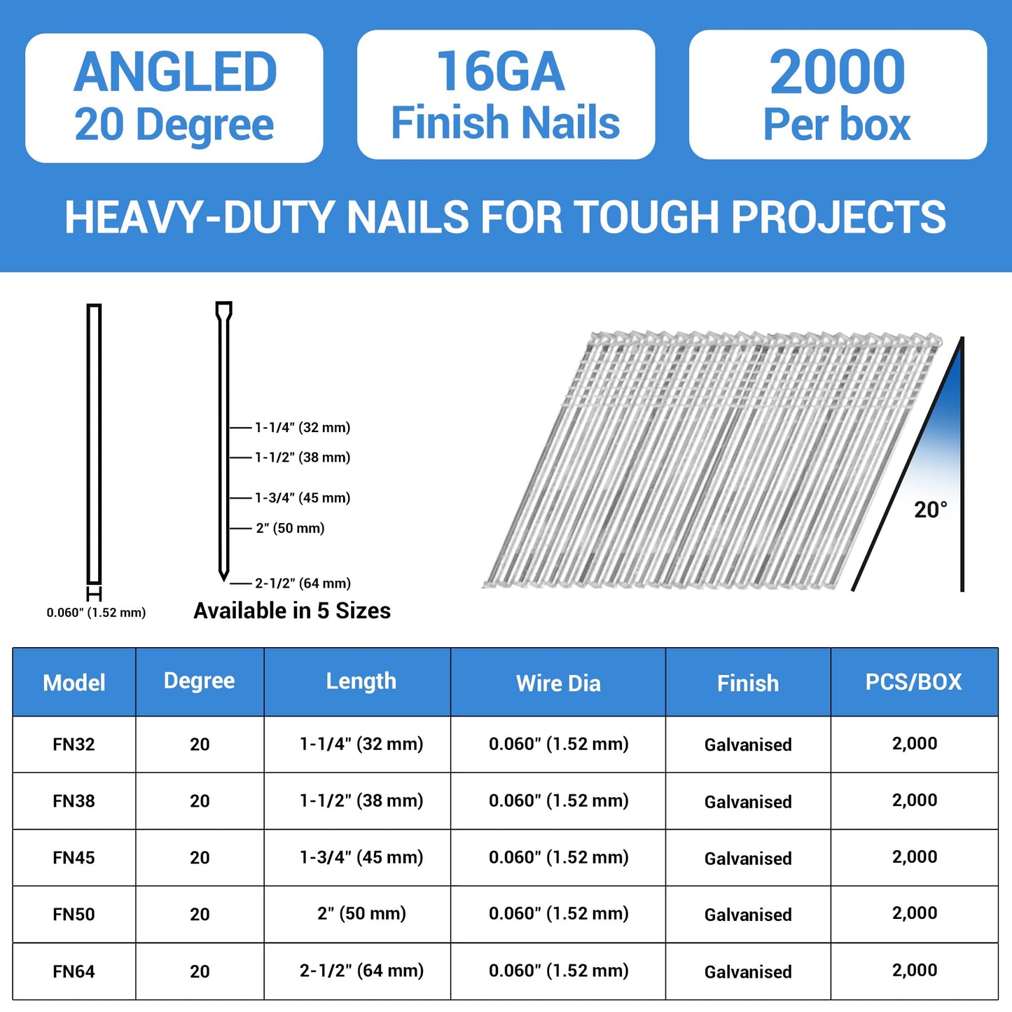 meite 16 Gauge 20 Degree Angled Finish Nails 1-1/2 Inch Leg Galvanized No-rust Finishing Nails for Finish Nailer Gun - Cabinet Crown Baseboard 4,000PCS