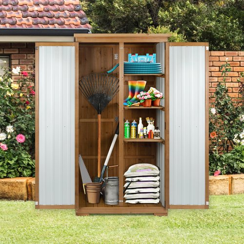 Outdoor Storage Cabinet Wood & Metal with Waterproof Roof, Garden Tool Shed with 3 Removable Shelves, 4 adjustable reinforced feet with metal brackets, 6 T-Hinge, magnetic door,15.6"D x 32.3"W x 66"H