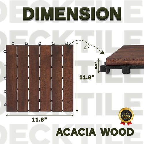 VICTORY RELAX Acacia Wood Patio Deck Tiles - 9 Pcs 6 Slats Interlocking Decking Tiles for Patio Decor, Waterproof Indoor & Outdoor Use, Balcony Garden Decking Tile (11.8 * 11.8 * 0.9 inches) Brown