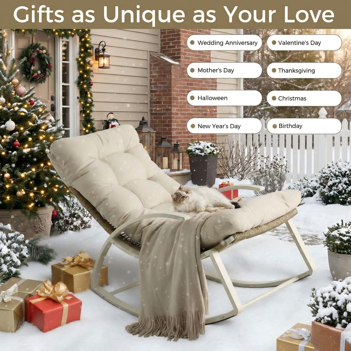 IRONCK Outdoor Rocking Chair with Armrest and Cushion, Patio Rocking Chair, 480lbs Capacity, Handwoven Twisted Rattan Rocker for Garden, Living Room, Balcony, Beige