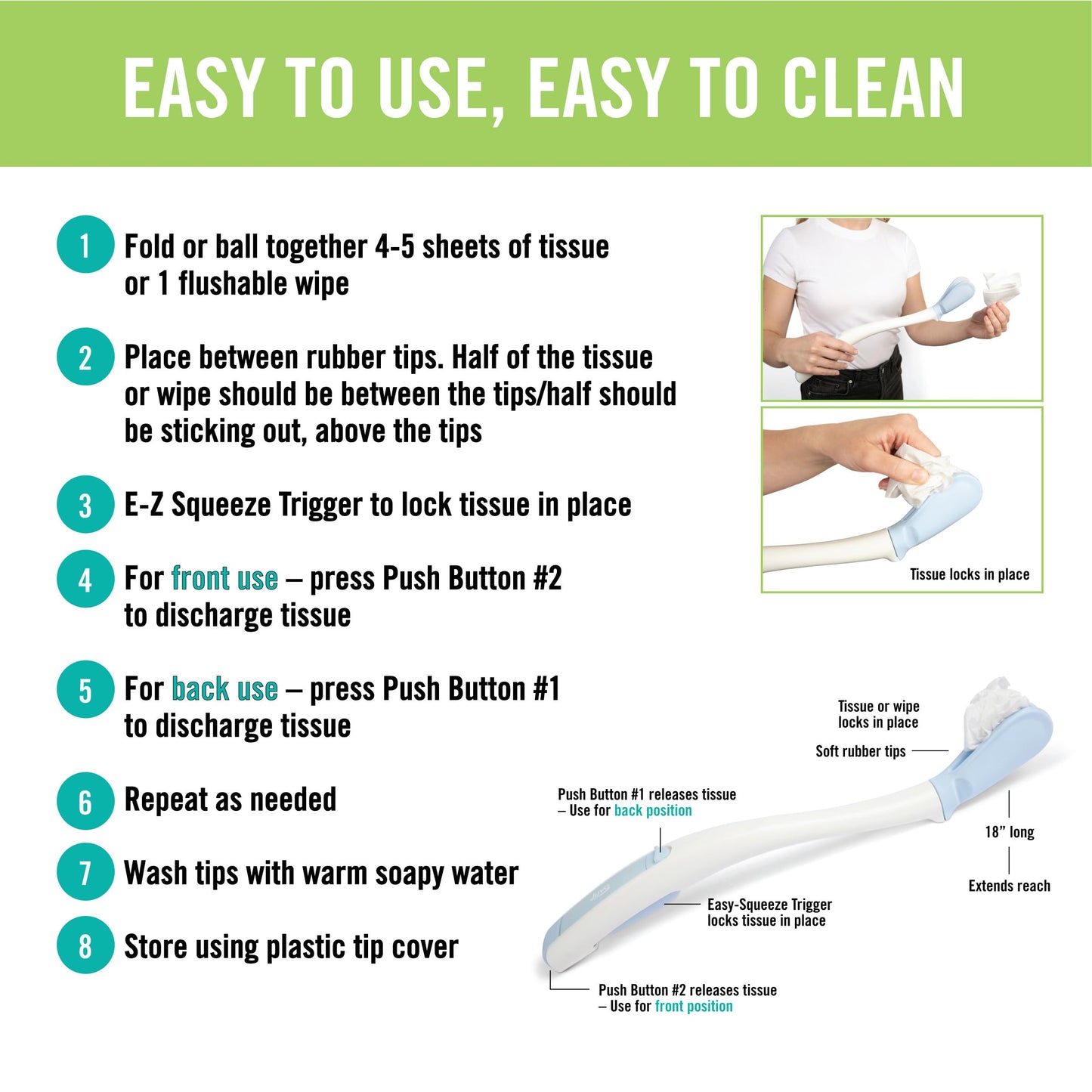 Juvo Toilet Aid - Personal Bottom Wiping Tool, Bathroom Mobility Aid for Disabled, Elderly, and Surgery Recovery - 18" long wand with hygienic cover