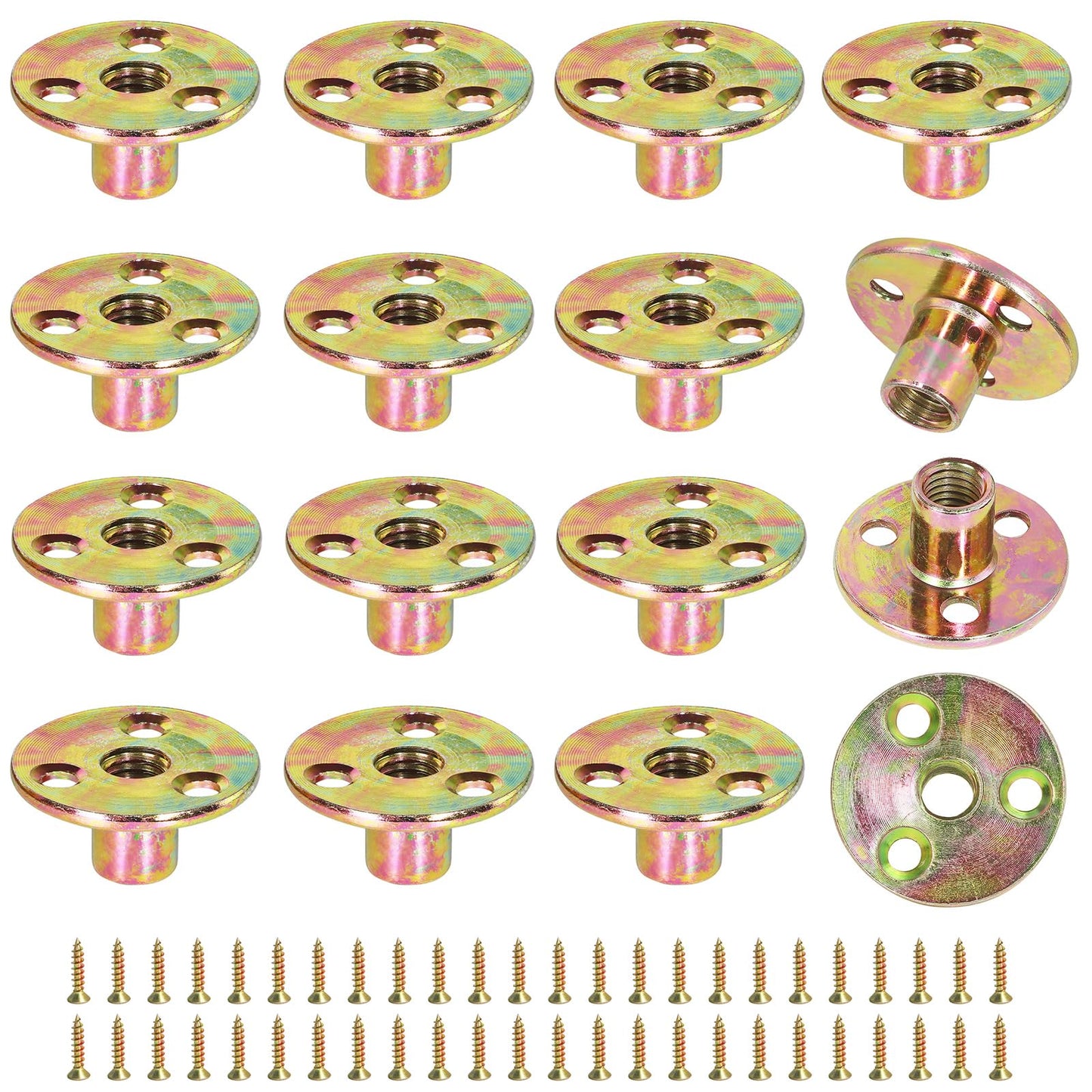 FoDau770 3/8"-16 Brad Hole T-Nut with Screws, Zinc Plated Carbon Steel 3-Hole T-Nuts, Insert Female Thread Mounting Fastener for Wood Furniture and DIY Project - 16 Set (64 Pieces)