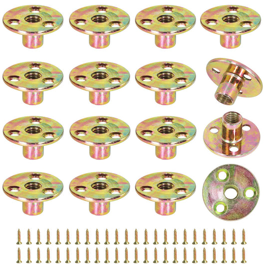 FoDau770 3/8"-16 Brad Hole T-Nut with Screws, Zinc Plated Carbon Steel 3-Hole T-Nuts, Insert Female Thread Mounting Fastener for Wood Furniture and DIY Project - 16 Set (64 Pieces)