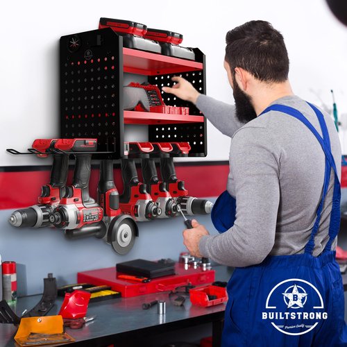 BUILTSTRONG Power Tool Organizer-6 Drill Holder Wall Mount, 3 Tier Heavy-Duty Hand Tool Storage Rack, Utility Racks, Drill Holder, 2 Pegboard Sides - Garage Storage Cordless Tool Organizer (Red)