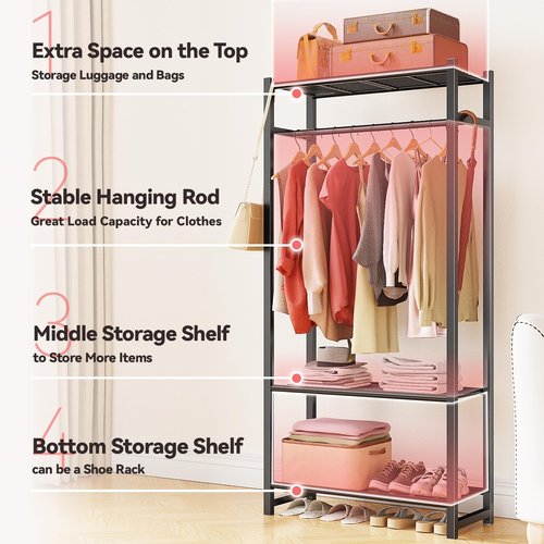 MWQ Clothing Rack with 3-Tier Shelve, Heavy Duty Garment Rack for Hanging Clothes, Metal FreeStanding Wardrobe Closet, Black