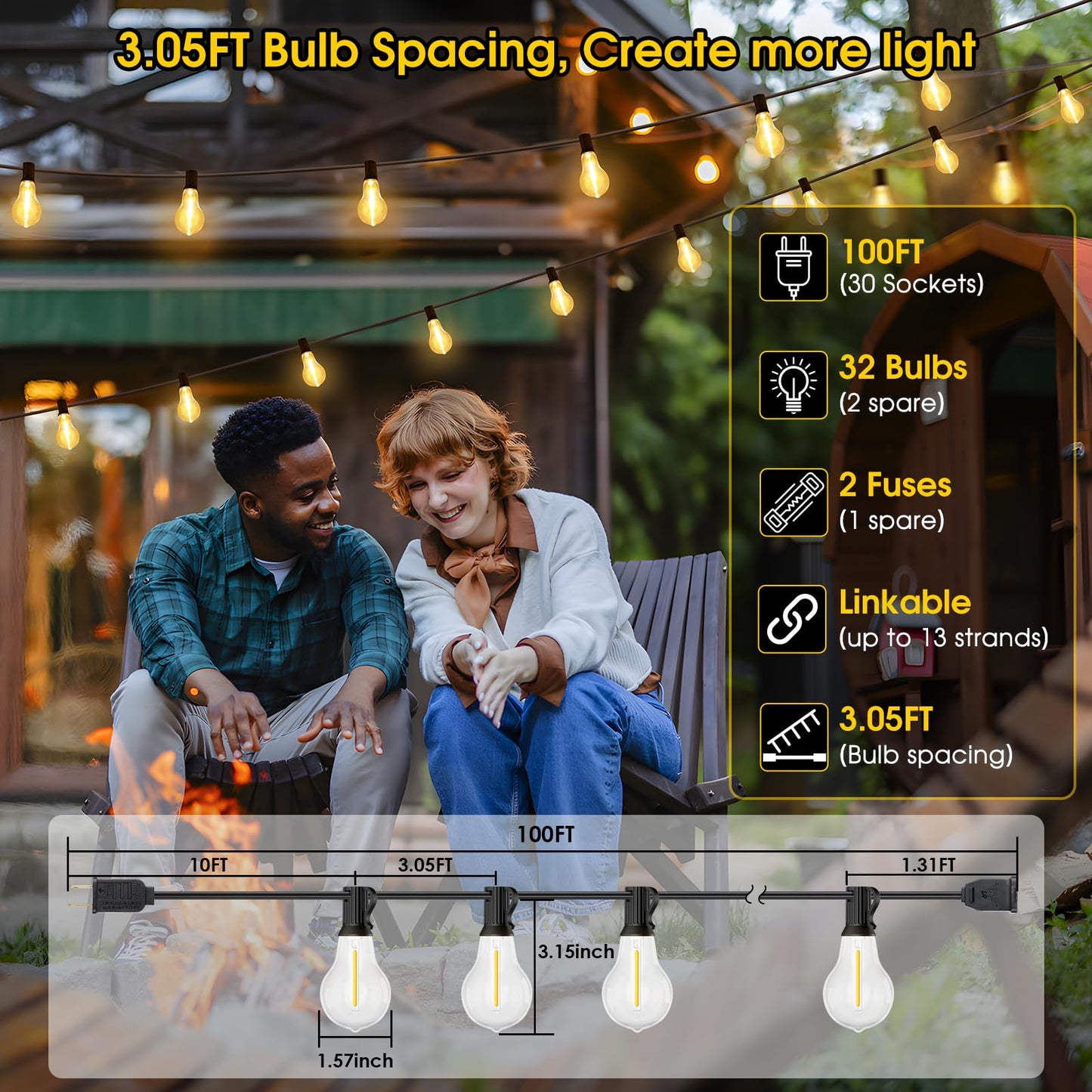 Larkvue 100FT LED Outdoor String Lights, Waterproof Patio Lights with 32 Shatterproof Dimmable 2700K A39 Bulbs Hanging Lighting for Outside Backyard