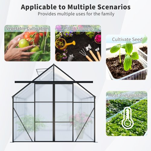 8x8 FT Outdoor Greenhouse, Heavy Duty Polycarbonate Green House with Raised Base and Double Sliding Doors, Aluminum Walk-in Greenhouses with Adjustable Roof for Outdoor Backyard, Black