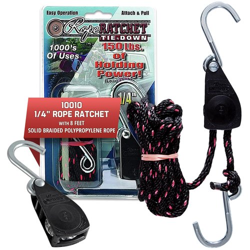 Rope Ratchet 1/4" Adjustable Pulley System, Heavy-Duty Locking Strap for Hoisting, Tarp Tie Down, Gear Securing, Tent Setup, Grow Light Hanging, 8' Braided Polypropylene Rope, 150 lb Capacity