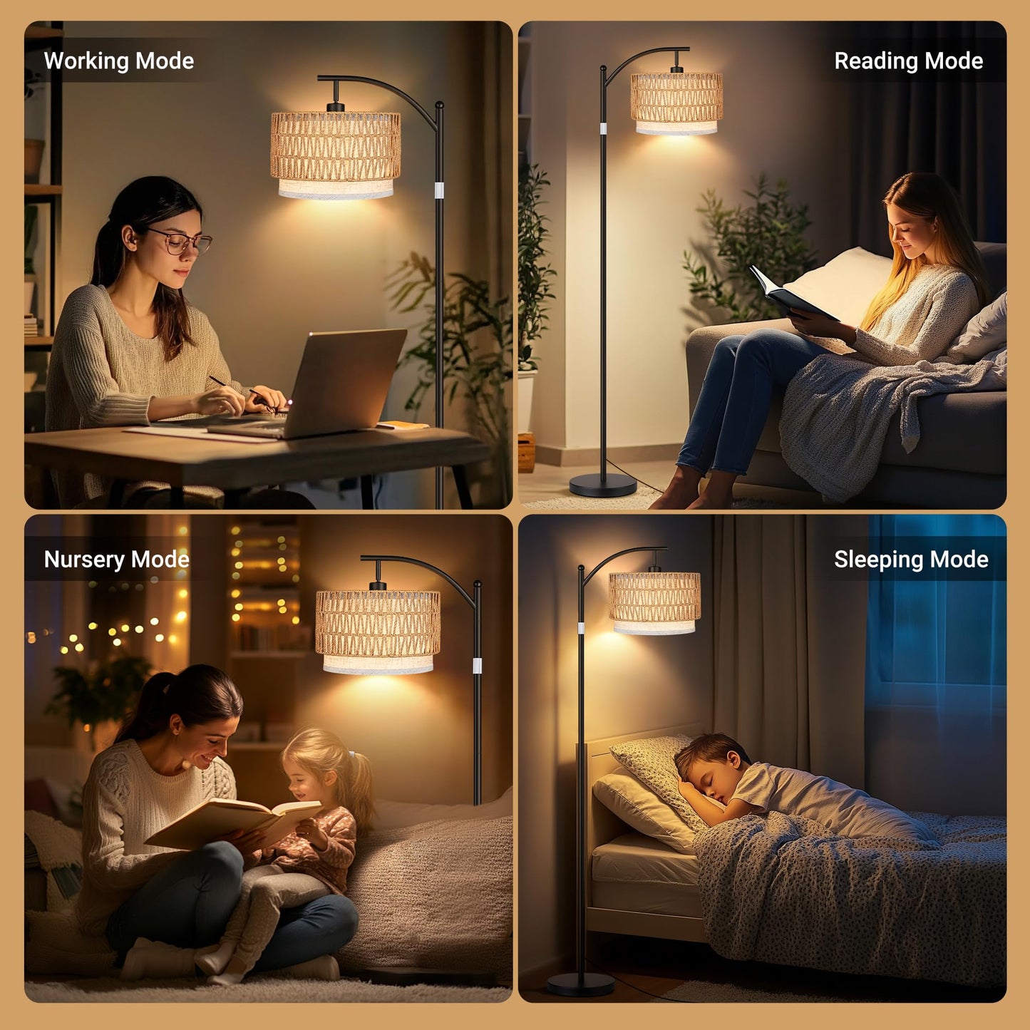 ROTTOGOON Rattan Floor Lamps for Living Room, Boho Standing Lamps with Rattan& Linen Double Shades, Arc Lamps Floor Standing with 9W Bulb, Foot Switch, Bohemian Floor Lamps for Bedroom, Office-Drum