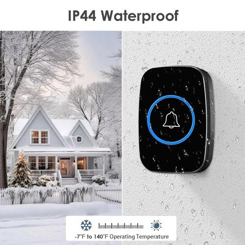 Wireless Doorbell, Waterproof Door Bell Kit, Distinguish Front and Rear Doors, Over 1000 feet Range and 60 Chime, 5 Levels Volume and LED Flash, for Home Office Classroom