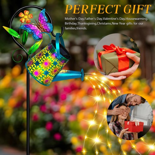Solar Watering Can with Lights, Waterproof Solar Lantern with Butterfly Shepherd Hook, Hanging Garden Lights for Patio Yard Lawn Porch Outdoor Decoration, Unique Garden Gifts for Women