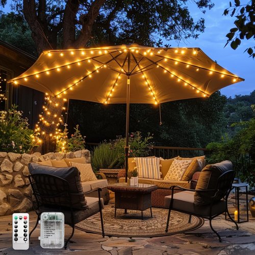 Patio Umbrella Lights Cordless 120 LED Table Umbrella Lights with Remote Control Battery Operated Waterproof Parasol String Lights for 7-11 Feet Outdoor Backyard Beach Umbrella Décor (Warm White)