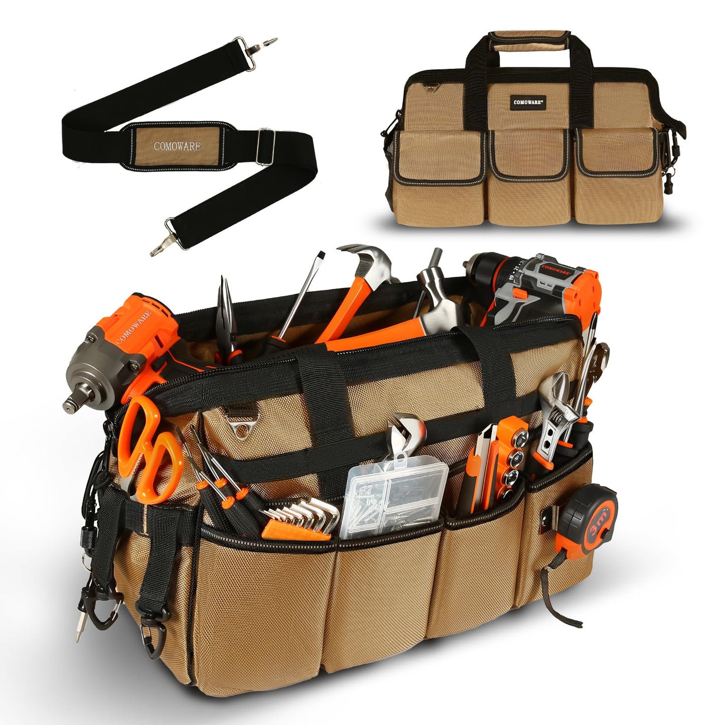 COMOWARE 16" Tool Bag, 19-Pocket Heavy Duty Tool Organizer with Adjustable 51.2" Shoulder Strap, 1680D Oxford Fabric & PVC Coating, Reflective Strips, Tactical Loops, Mechanics, Plumbers, DIY