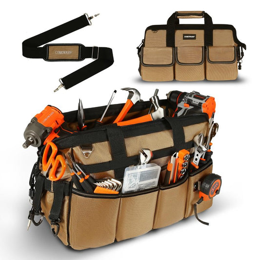 COMOWARE 16" Tool Bag, 19-Pocket Heavy Duty Tool Organizer with Adjustable 51.2" Shoulder Strap, 1680D Oxford Fabric & PVC Coating, Reflective Strips, Tactical Loops, Mechanics, Plumbers, DIY