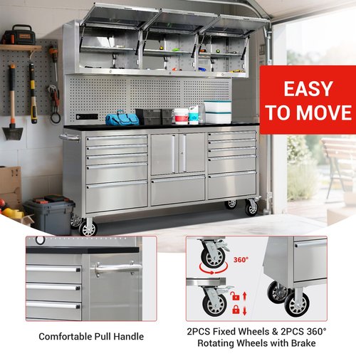 CT Copper Tailor 72-Inch Rolling Tool Chest with 11 Drawers & 4 Cabinets, Pegboard, Power Strip,LED Light,Mobile Workbench for Garage,Workshop,Stainless Steel
