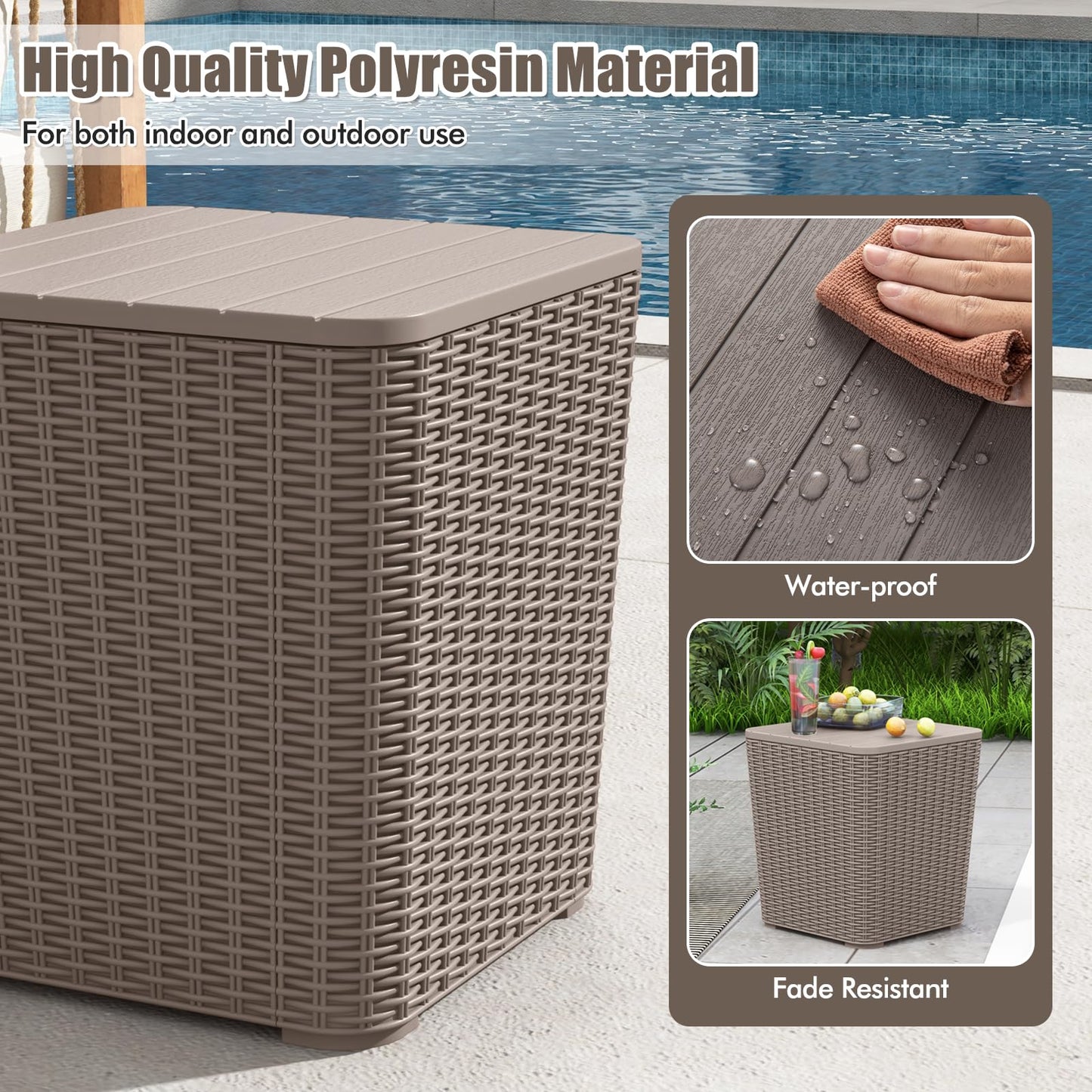 Tangkula 11.5 Gallon Water-proof Deck Box, Outdoor Patio Storage Box w/Removable Lid &, Faux Rattan Storage Container Side Table, All Weather Patio Furniture Extra Seat for Poolside (Brown)