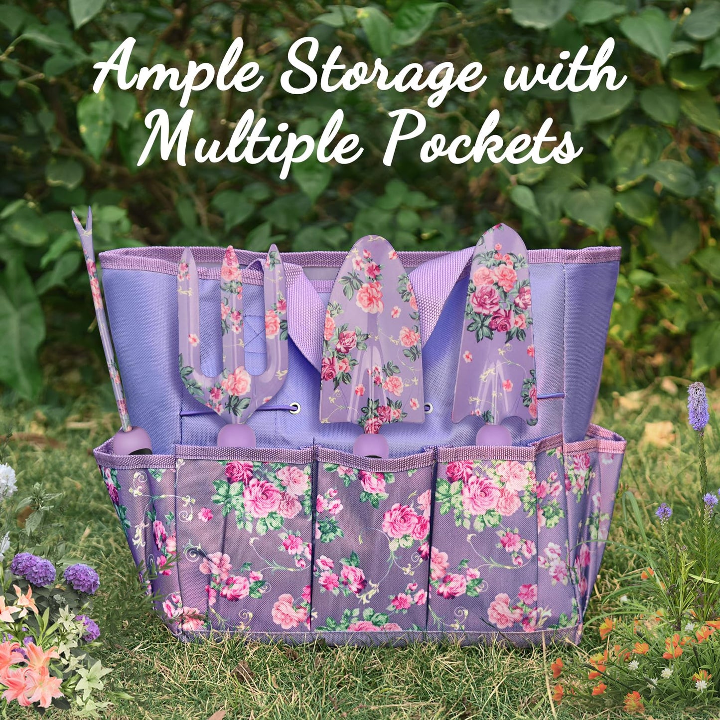 Gardening Tools, WisaKey 10 Piece Heavy Duty Purple Garden Tool Set with Handle, Durable Fashion Garden Supplies Organizer Handbag, Garden Hand Tools Gardening Gifts for Women Grandmother Granny