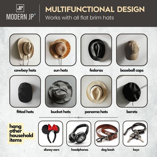 Modern JP Adhesive Hat Hooks for Wall (6-Pack) - Cowboy Hat Rack, Wide Brim Hat Organizer, Strong Hold Hat Hangers for Wall - Black