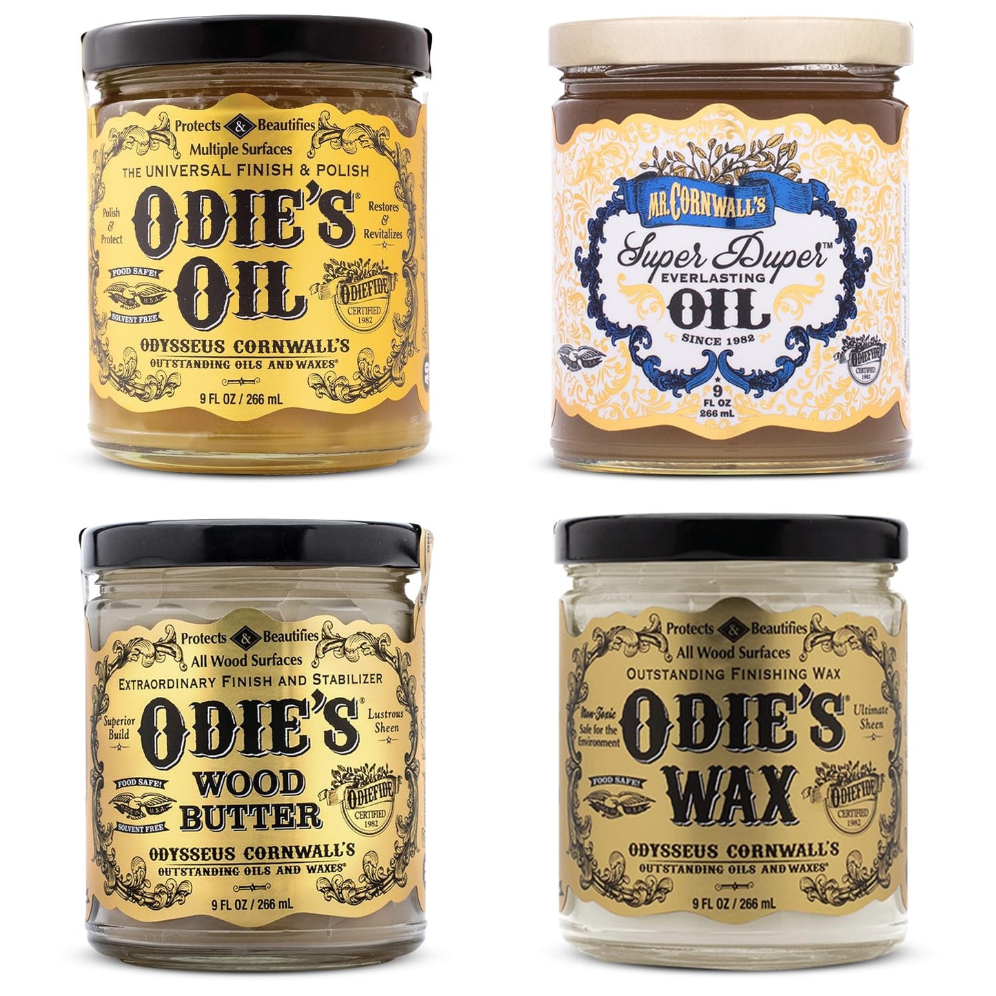 Odie’s Universal Finish Kit: 4-in-1 Bundle (9 oz) - Includes Odie’s Oil, Super Duper Oil, Wood Butter & Wax. Naturally Protect & Beautify Wood, Metal, Leather, Plastic & More
