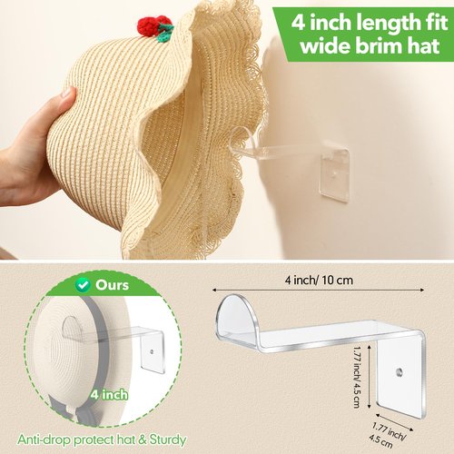 Beeveer 8 Pcs 4 Inch Hat Hooks for Wall Cowboy Hat Rack Strong Adhesive Cap Holder Organizer for Baseball Caps Western Room Decor (Transparent)