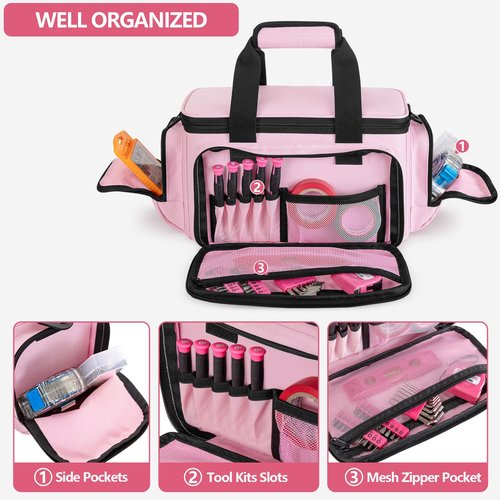 Trahzia Tool Tote Bag for Women, Tool Storage Organizer with Anti-friction Bottom, Tactical Range Bag for Electrician, Carpenters, Repairman, Pink