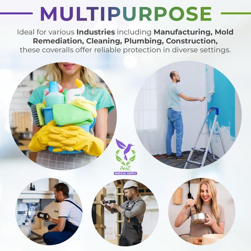 AMZ Medical Supply White Disposable Coveralls with Hood & Boots, Large. Pack of 5 Microporous Lab Coveralls for Men & Women. 60 GSM Painters Suit Disposable with Elastic Wrist, Lower Back, Zipper