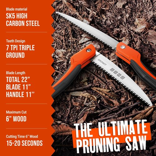 GROWIT Folding saw 11 Inch - Heavy Duty Pruning Saw with Triple-Cut SK5 Blade, 7 TPI Razor Teeth for Tree Trimming, Wood Cutting, Camping, Bushcraft, and Gardening