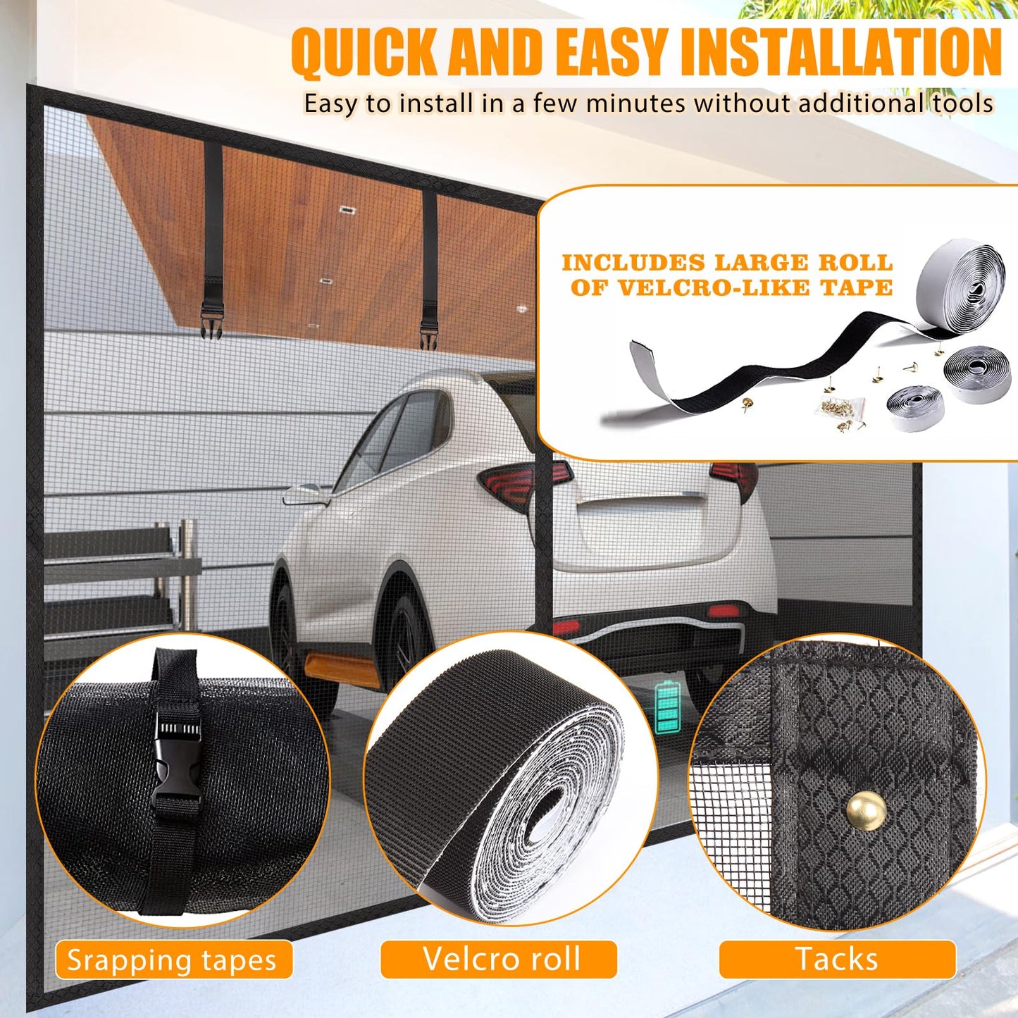 Garage Screen Doors for 1 car garage-8x8FT Fiberglass 1400g/4.1lb Durable Heavy Duty Magnetic Garage Door Screen Retractable Hands Free with 4 Roll Up Straps for Patio Workshop Home Gym Sun Room