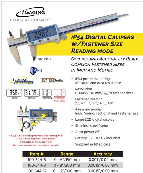 iGaging Fastener Cal Digital Caliper 0-6"/150 mm - IP54 Electronic Caliper for Woodworking - Quick & Accurate 4th, 16th, 32nd, & 128th Standard Fastener Reading - Includes Case, Manual, & Battery