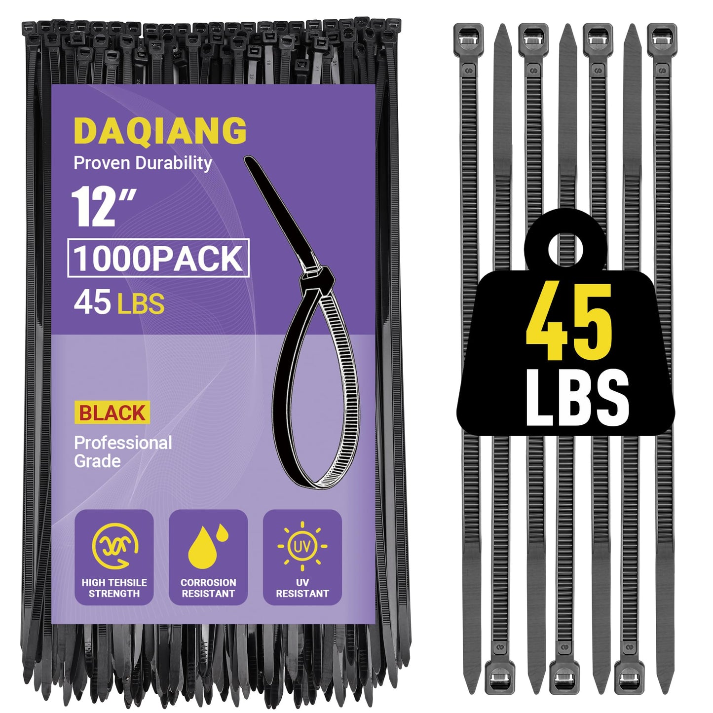 DAQIANG 12 Inch Zip Ties (100 Pack) - 45 lb Tensile Strength, Black Self-Locking Nylon Cable Ties for Indoor & Outdoor Use
