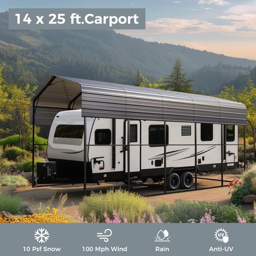 GREEN PARTY 14 x 25 ft Metal RV Carport Kits with Galvanized Steel Roof, Heavy Duty 2 Car Outdoor Car-Shed Canopy, Car Tent Metal Garage Shelter for RV, SUV, Truck, Tractors and Boats, Gray