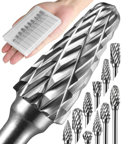 Sworker 10 Pcs Carbide Burr Set 1/8" Shank Compatible with Dremel Bits Rotary Tools Attachment Kit Rasp Drill File Accessories Metal Wood Stone Steel Grinding Carving Cutting Polishing Engraving