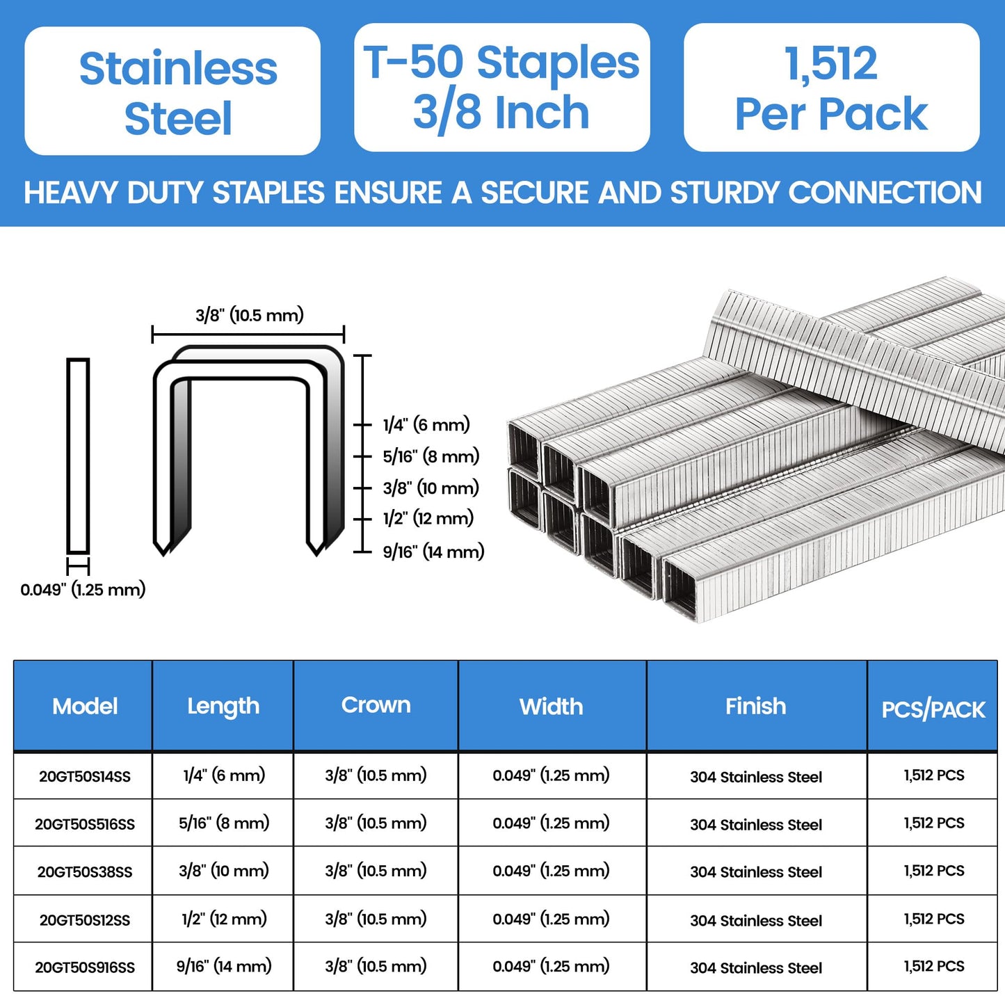 meite T50 Stainless Steel Staples Marine, 3/8 Inch Heavy Duty Staples for Staple Gun - 1512 Counts, 20 Gauge 3/8 Inch Crown T50 Upholstery Staple for Marine Applications