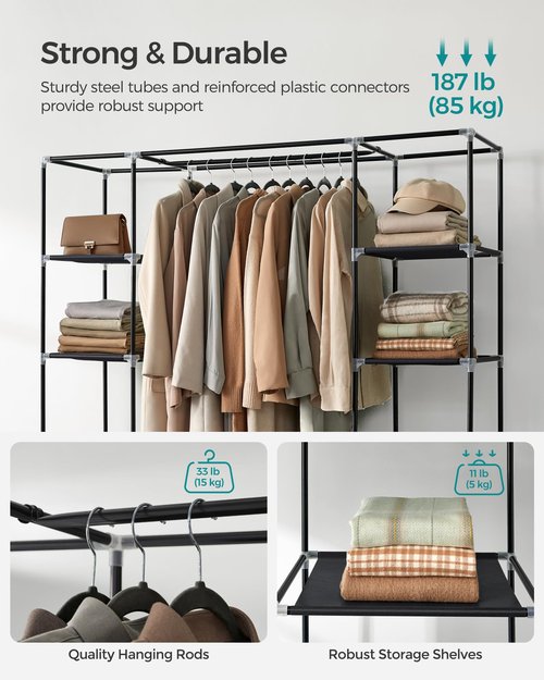 SONGMICS Closet Wardrobe, Portable Closet for Bedroom, Clothes Rail with Non-Woven Fabric Cover, Clothes Storage Organizer, 59 x 17.7 x 69 Inches, 12 Compartments, Black ULSF03H