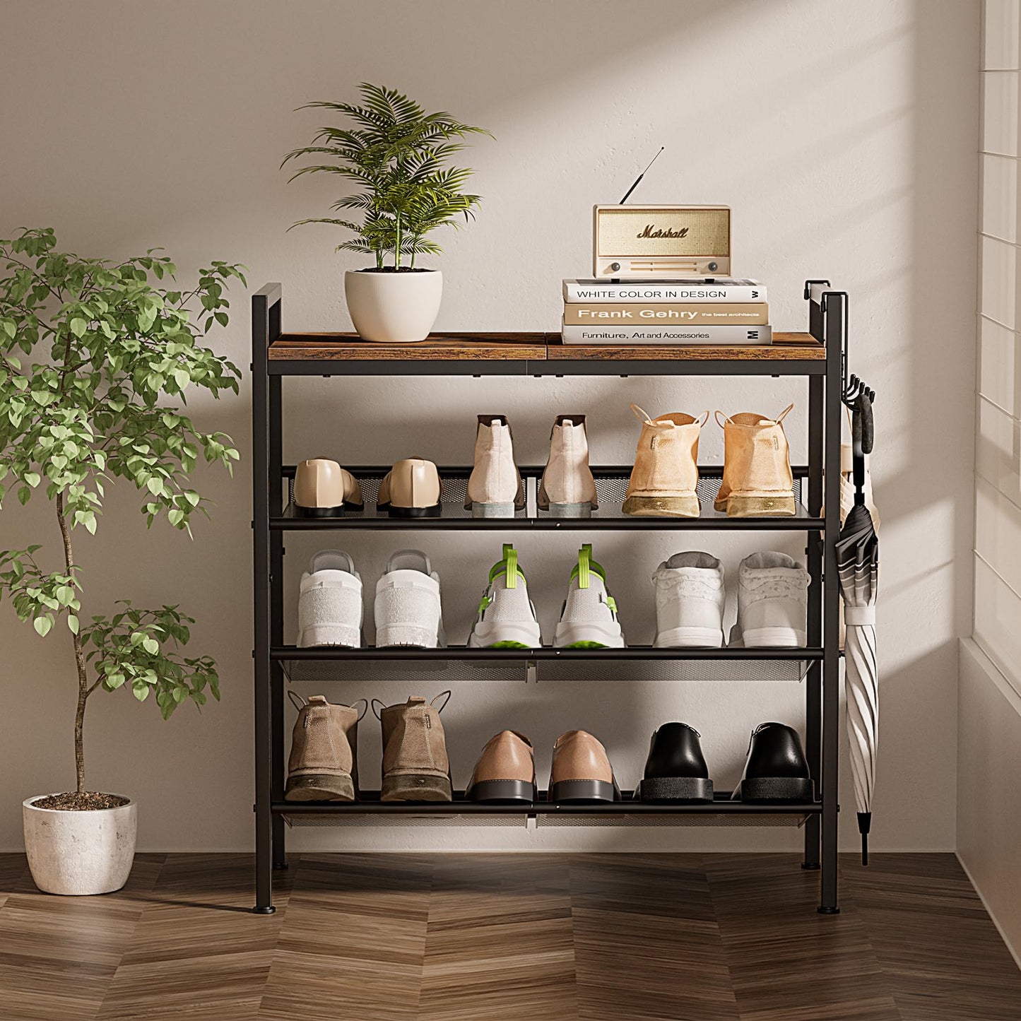 neatevday 4 Tier Shoe Rack, Shoe Rack for Front Door Entrance with Hook, Shoe Organizer with Adjustable Mesh Shelves, Metal Shoe Rack for Entryway, Closet, Bedroom Living Room Garage