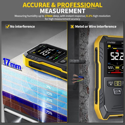 FNIRSI WMT-10 Rechargable Wood Moisture Meter, Pinless Moisture Meter for Wood, Wall, Firewood, Support Data Hold and Record, Flashlight, Humidity Detector for Lumber Concrete Building