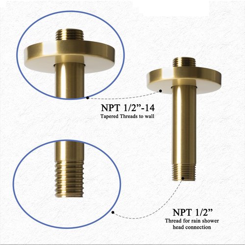 Shower Arm with Flange,4 Inch Ceiling Mounted Shower Arm for Fixed Shower Head,Bathroom Round Shower Replacement Arm,Stainless Steel Straight NPT 1/2 Inch Shower Pipe Arm, Brushed Gold