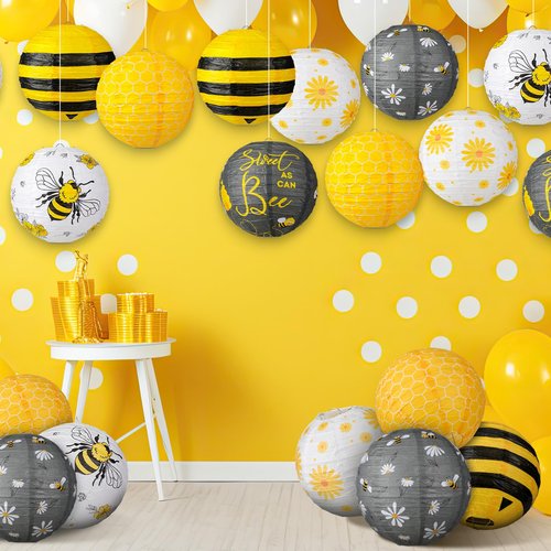 Panelee 12 Pcs Bee Paper Lanterns Party Decorations 8 Inch Hanging Round Hanging Paper Party Decorations for Holiday Indoor Outdoor Supplies