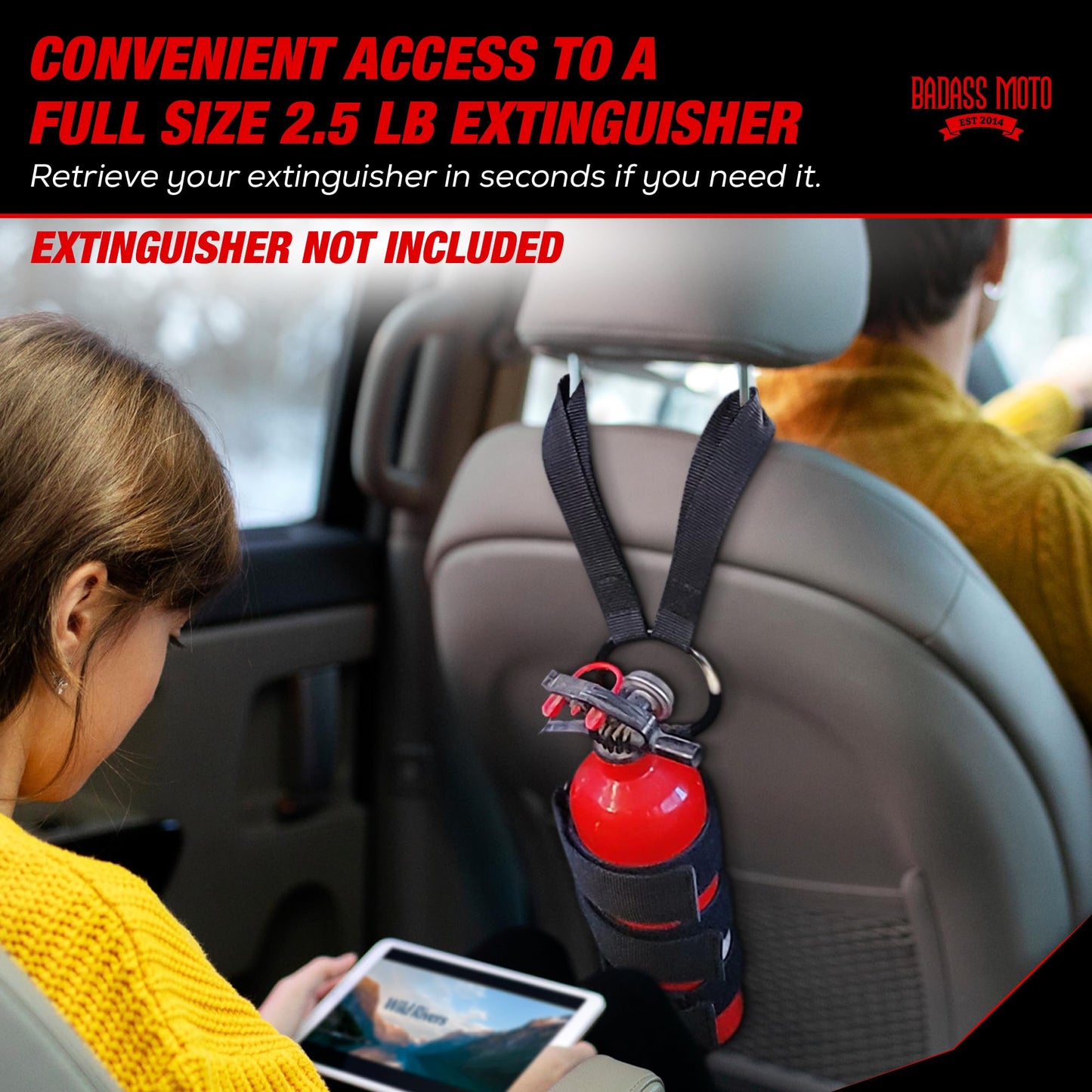 Badass Moto Car Fire Extinguisher Mount - Automotive Fire Extinguisher Mount for Vehicle Car Seat Headrest - Tool Free Seat Back Strap Install. Ideal Safety Kit Accessories for Jeep, Auto,Truck & SUV