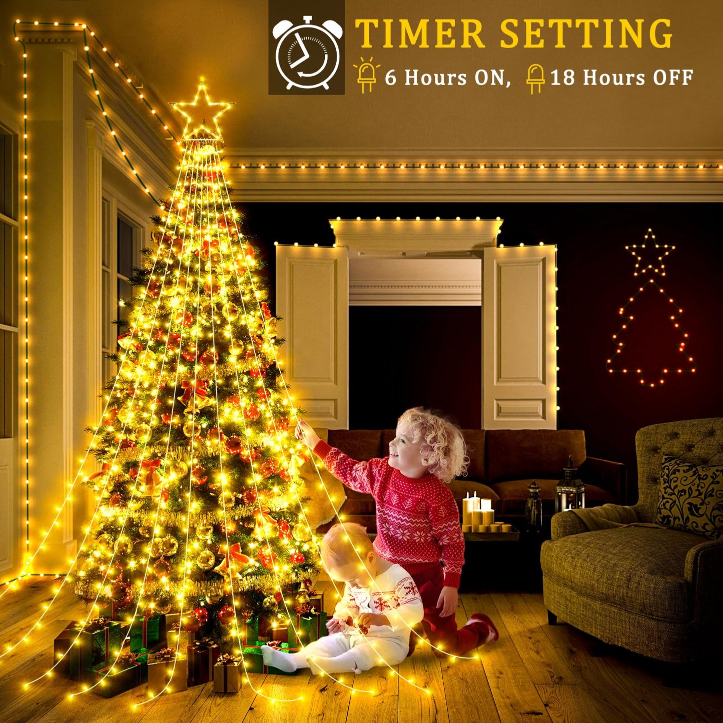 Nielfoi 12FT 344 LED Christmas Tree Lights, Plug in Waterfall String Lights with Topper Star, Waterproof 8 Modes Outdoor Christmas Decorations for Indoor Patio Yard Lawn Party, Warm White