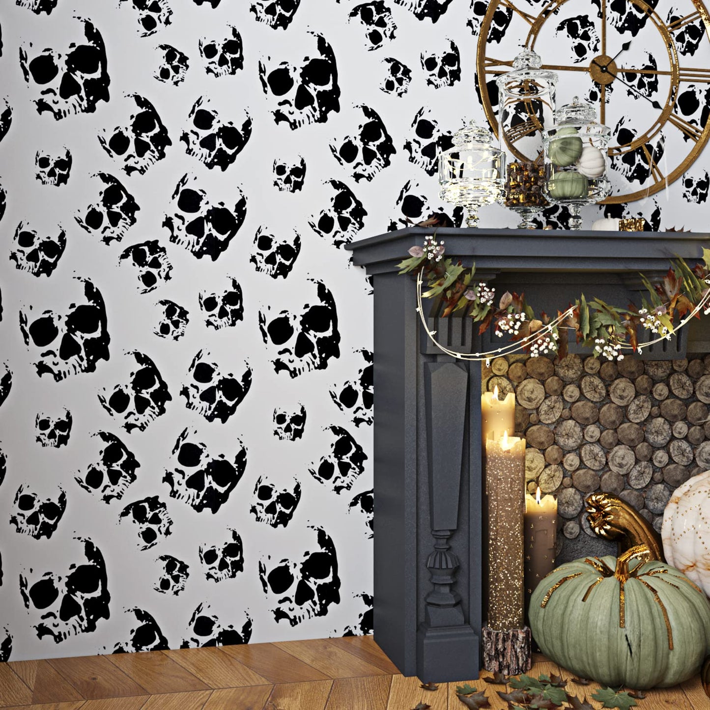 ReWallpaper 17.5in×23ft Black Skull Peel and Stick Wallpaper Self Adhesive Gothic Removable Wallpaper Black and White Skulls Contact Paper for Cabinets Bedroom Scary Halloween Wall Decor Vinyl Sticker