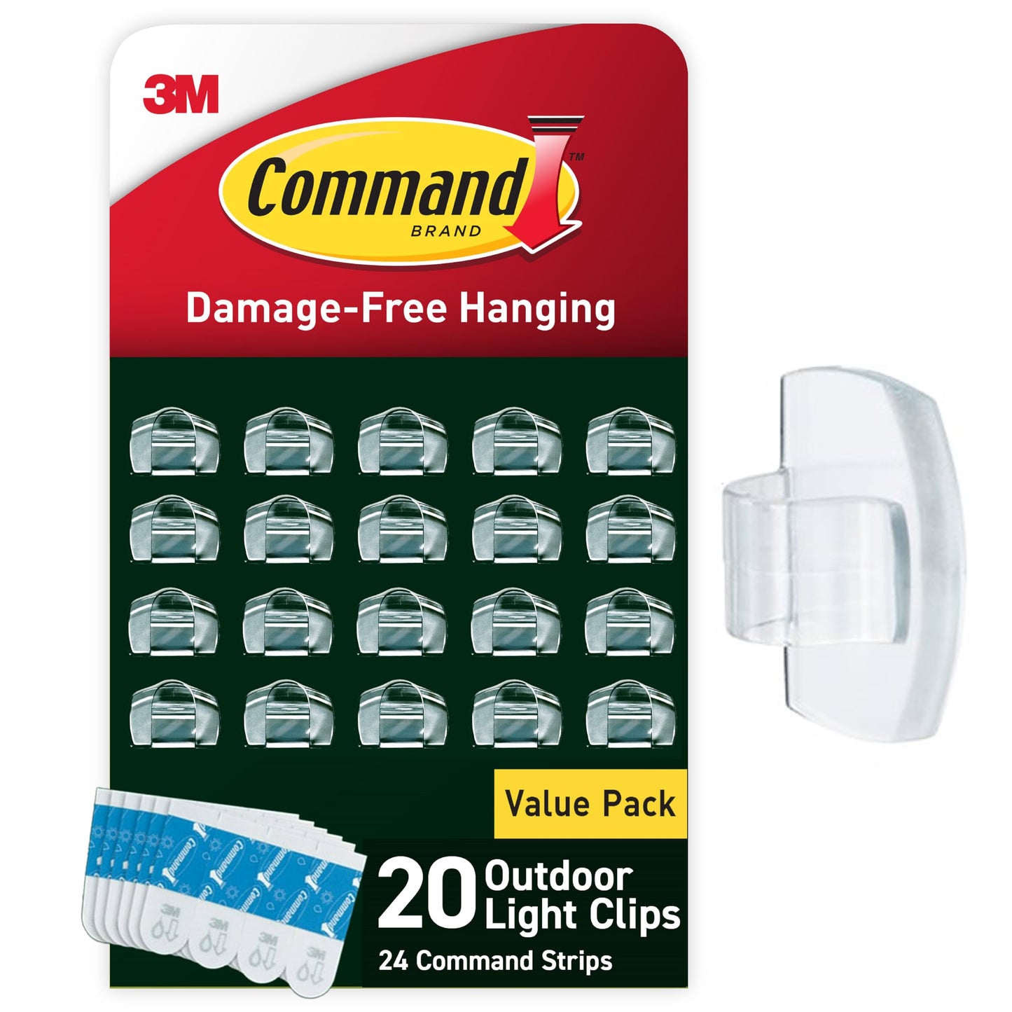 Command Damage Free Hanging Light Clips with Adhesive Strips, No Tools Mini Wall Hooks for Hanging 4th of July Decorations in Living Spaces, 20 Clips, 24 Strips