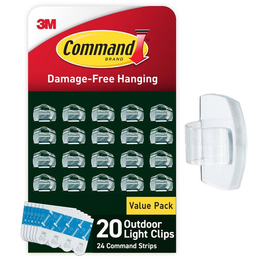 Command Damage Free Hanging Light Clips with Adhesive Strips, No Tools Mini Wall Hooks for Hanging 4th of July Decorations in Living Spaces, 20 Clips, 24 Strips