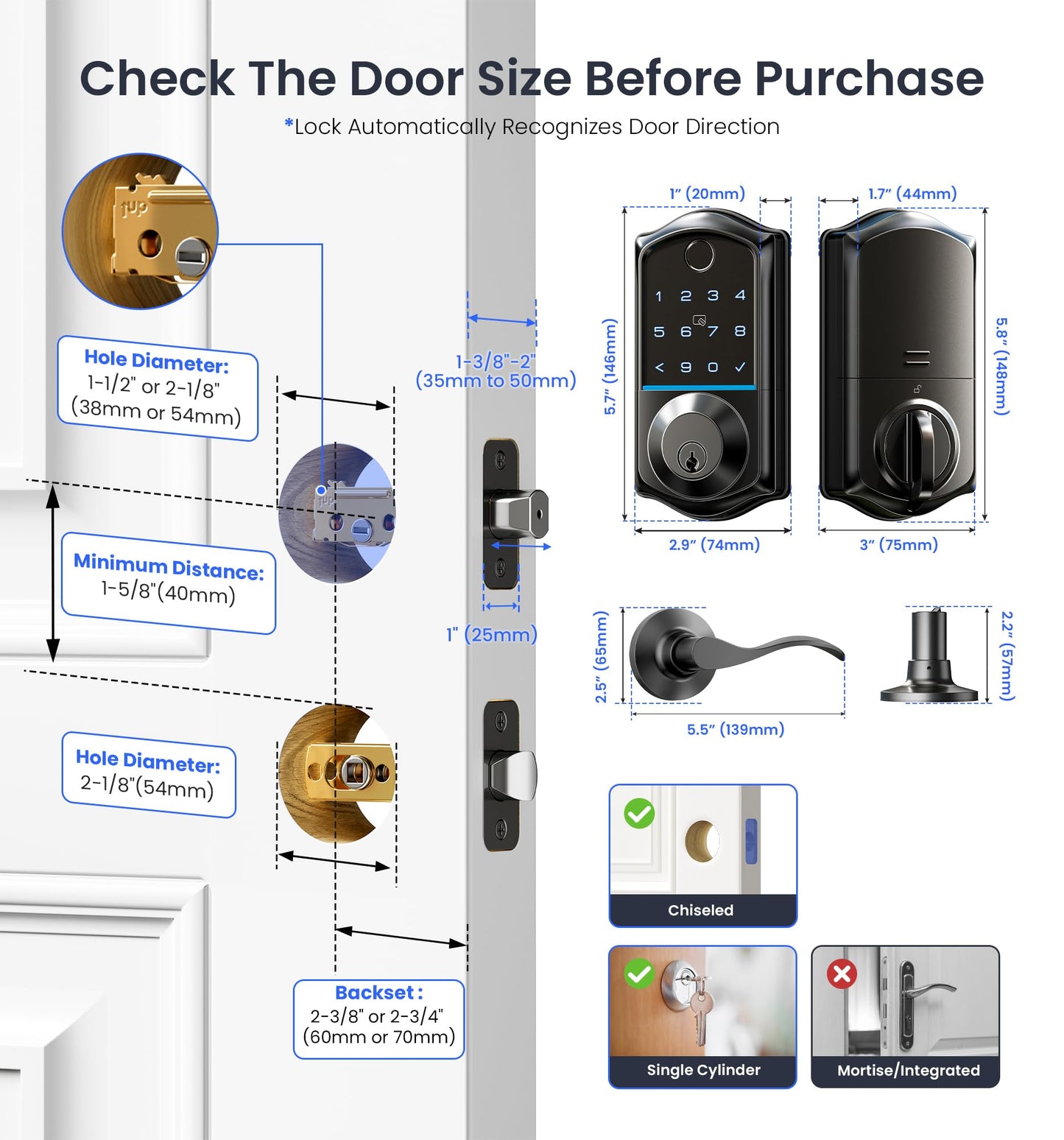 Veise VE017-L Fingerprint Smart Lock with 2 Lever Handles, Keyless Entry Front Door Lock Set, App Control, Electronic Digital Keypad Deadbolt, Easy Installation, Emergency Power Port, Matte Black