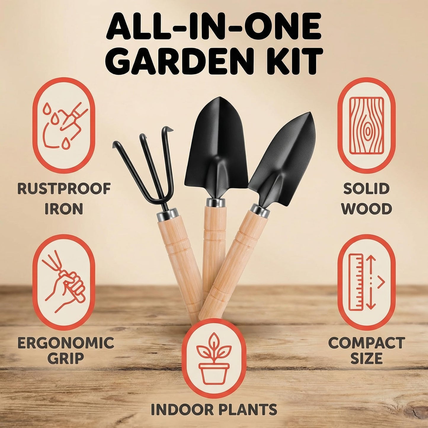 3PCS Small Garden Tools Set - Mini Garden Tools Set with Trowel, Shovel & Hand Rake Made of Rust-Resistant Iron & Solid Wood for Indoor Plants, Succulents, Bonsai, Potting & Repotting
